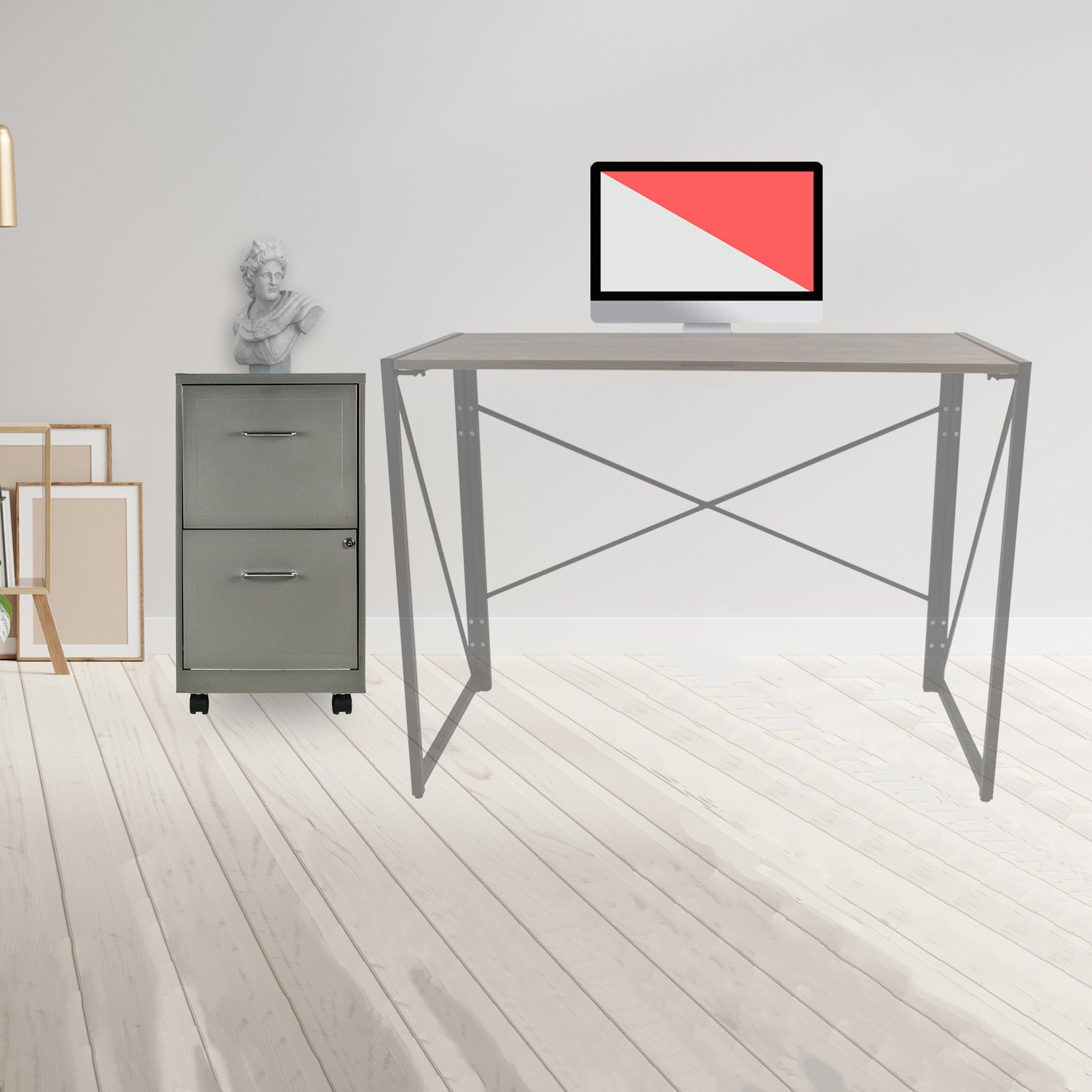 Archivero metálico gris junto a un escritorio moderno con computadora