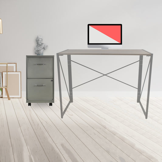 Archivero metálico gris junto a un escritorio moderno con computadora