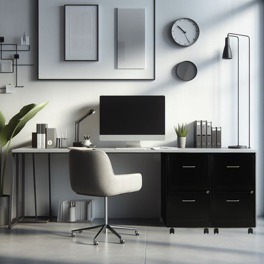 Archivero metálico negro bajo a un escritorio moderno con computadora