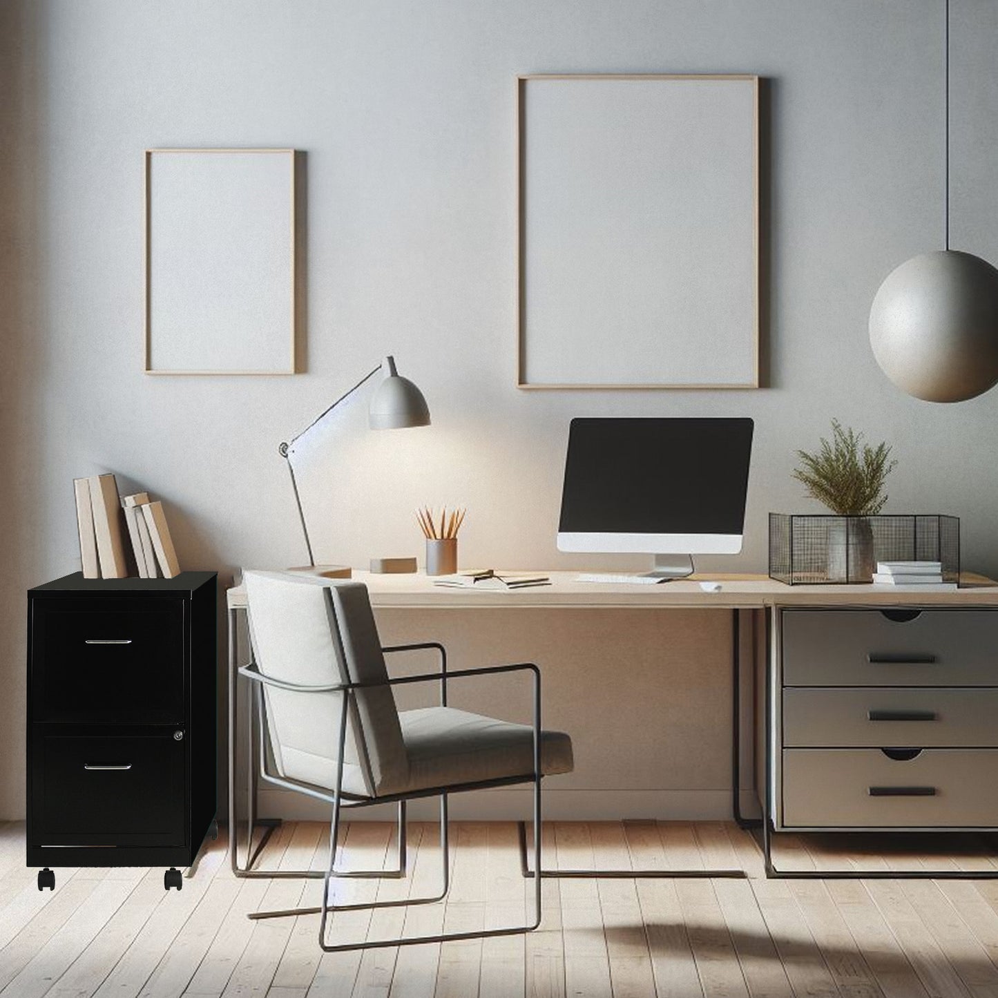 Archivero metálico negro junto a un escritorio moderno con computadora