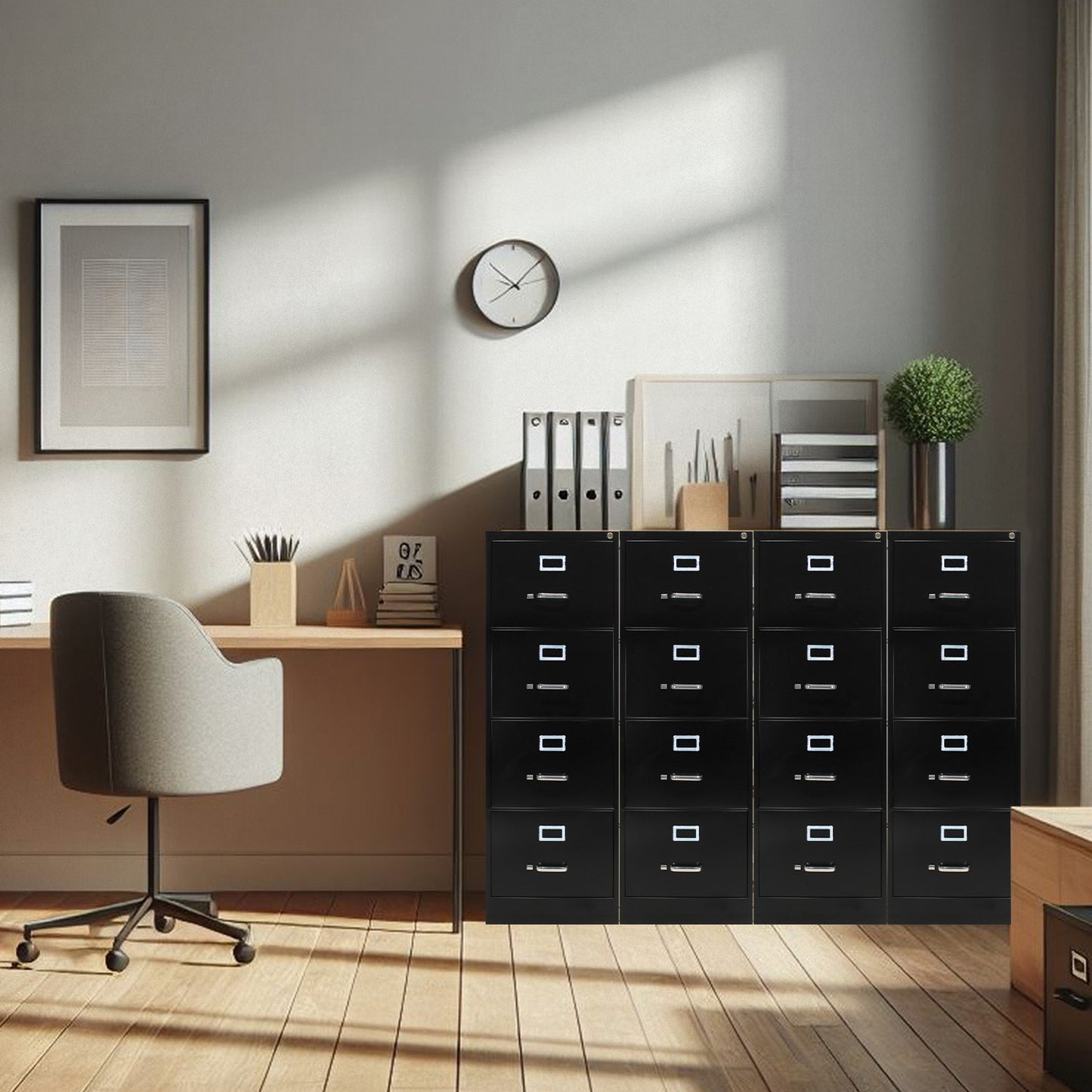 Archivero metálico al lado de un escritorio