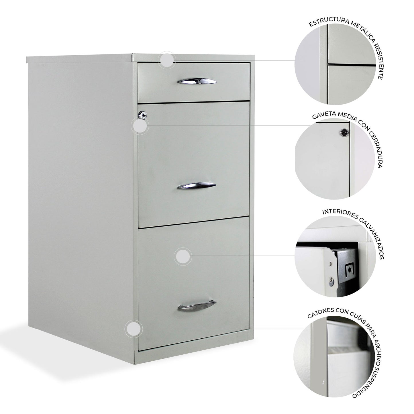 Infografía archivero metálico blanco de tres cajones