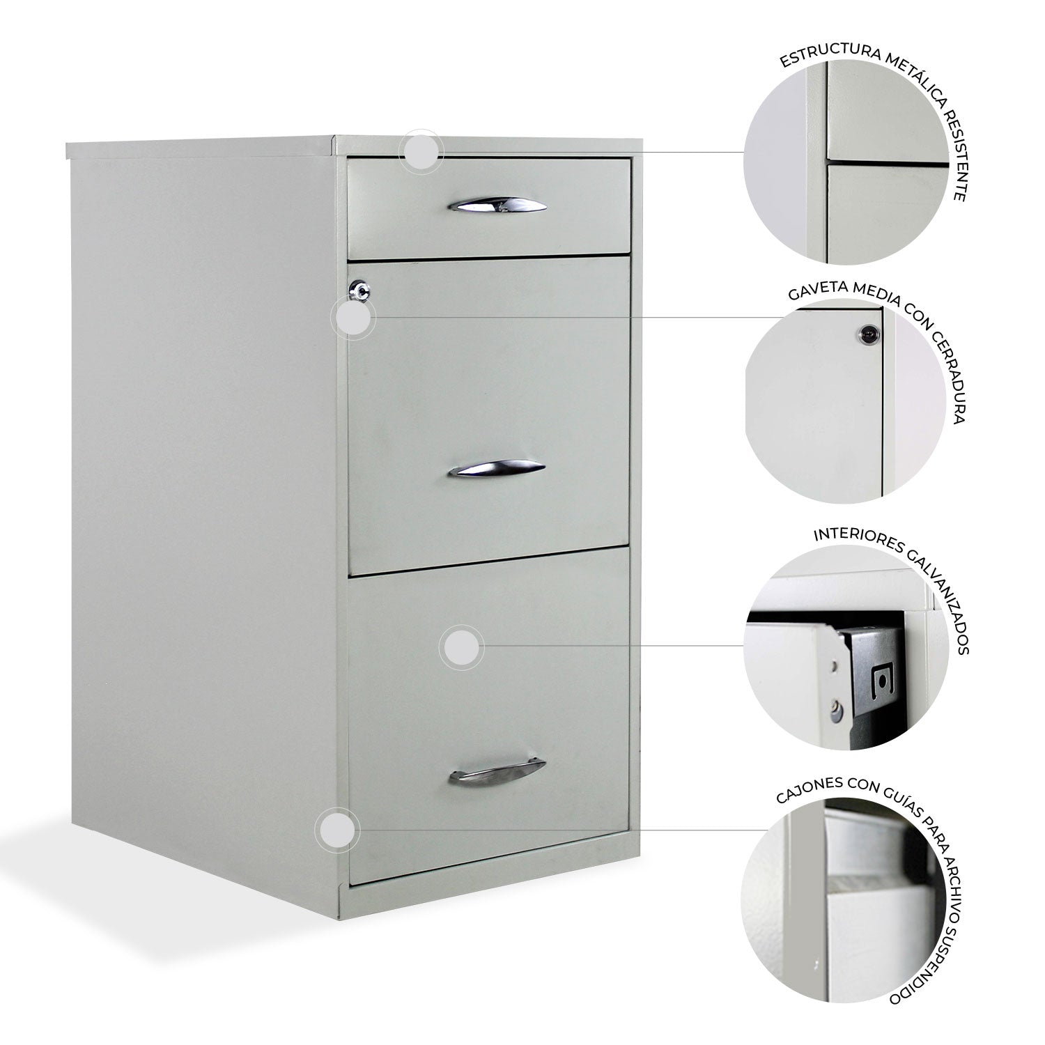 Infografía archivero metálico blanco de tres cajones