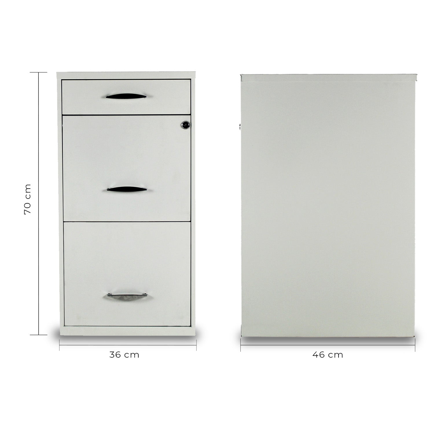 Isométrico archivero metálico blanco de tres cajones