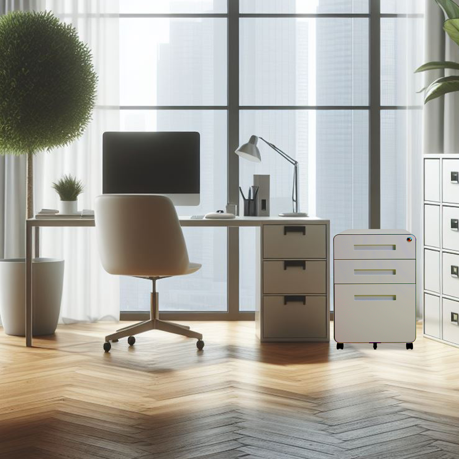 Archivero metálico blanco al lade de un escritorio moderno de oficina
