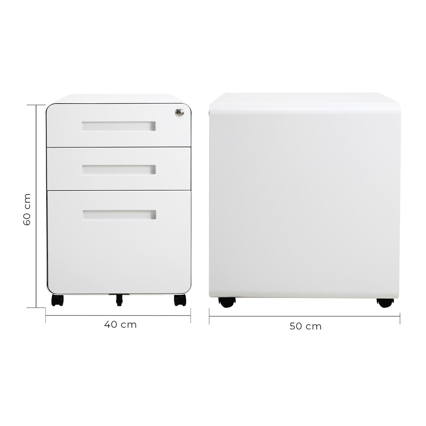 Isométrico archivero metálico blanco de tres cajones