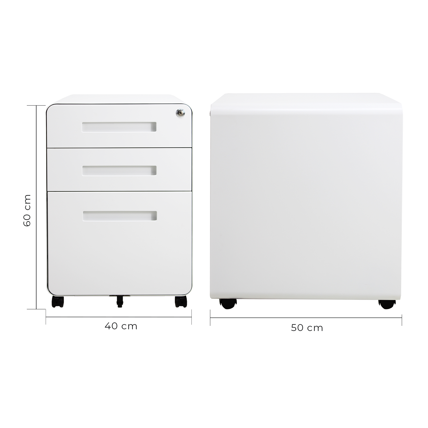 Isométrico archivero metálico blanco de tres cajones