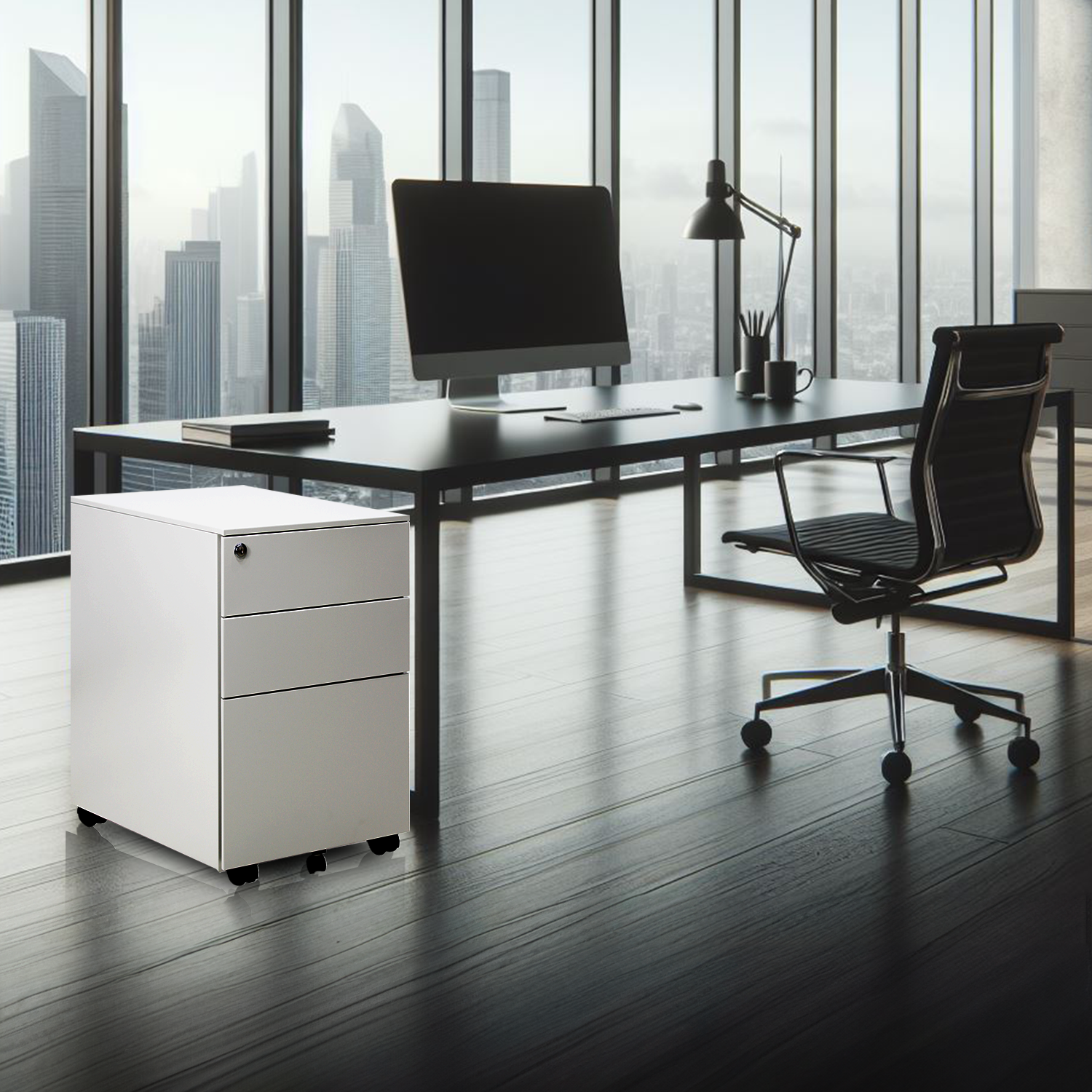 Archivero metálico blanco con cerradura, en ambiente de oficina ejecutiva con piso de madera y silla ergonómica