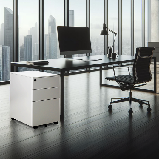 Archivero metálico blanco con cerradura, en ambiente de oficina ejecutiva con piso de madera y silla ergonómica