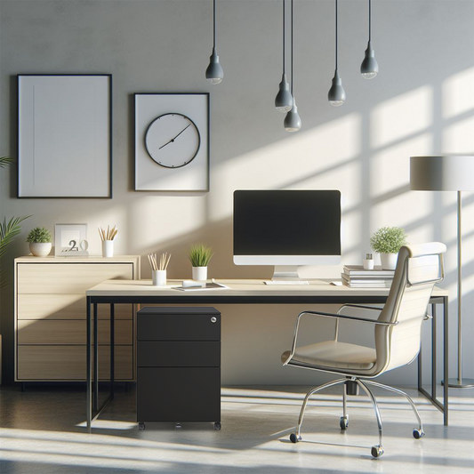 Archivero metálico negro con cerradura, en oficina moderna con escritorio claro, silla giratoria blanca y decoración minimalista.