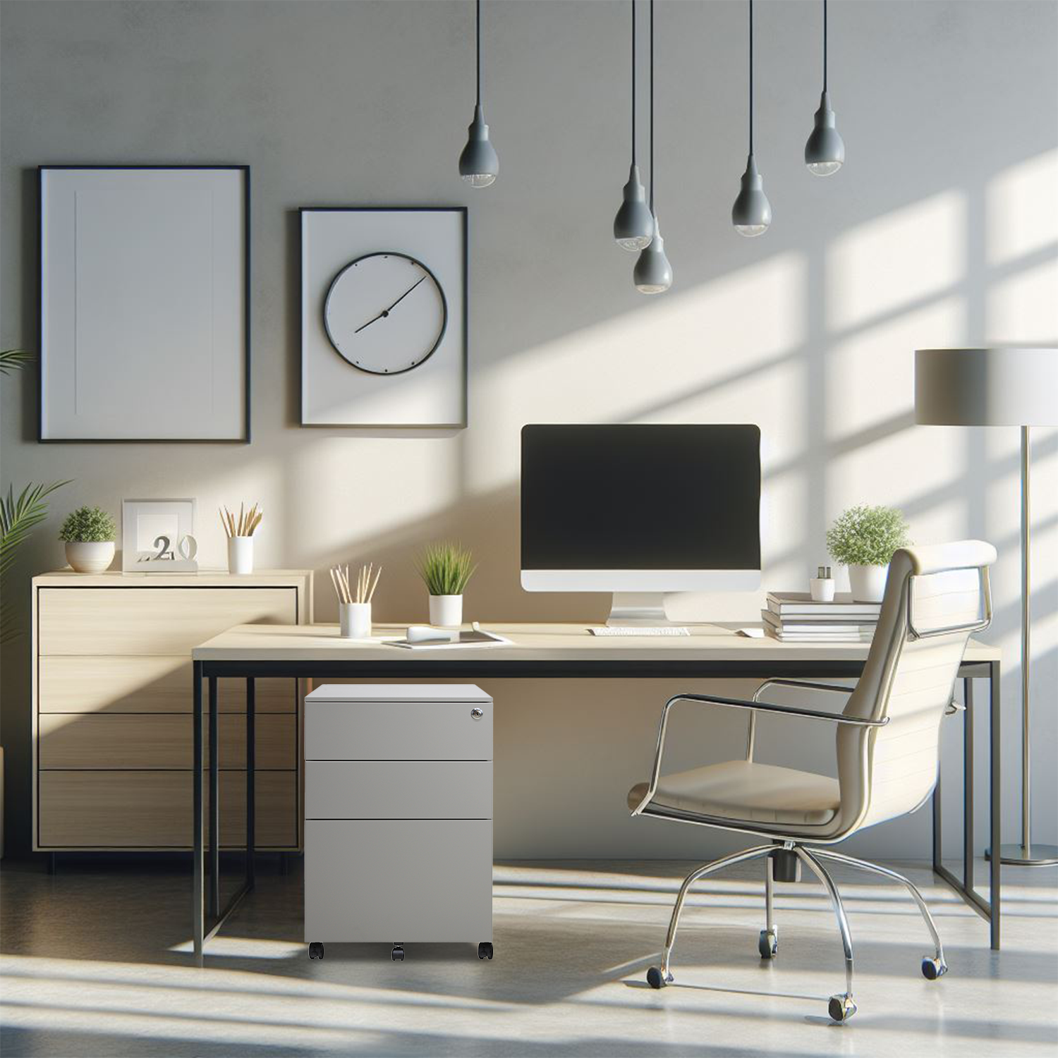 Archivero metálico gris con cerradura, en oficina moderna con escritorio claro, silla giratoria blanca y decoración minimalista.