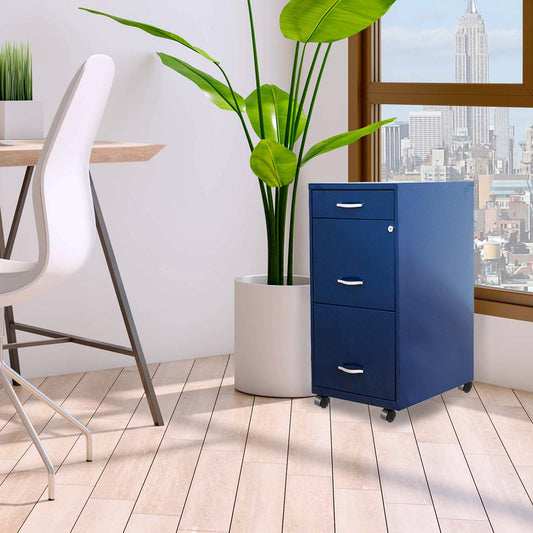 Archivero metálico azul de 3 cajones ambientado al lado de una maceta con planta