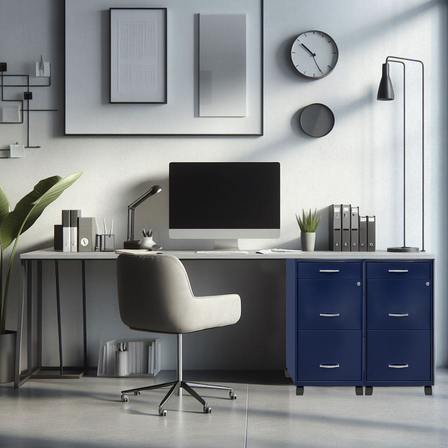 Archivero metálico azul de 3 cajones ambientado debajo de un escritorio de oficina