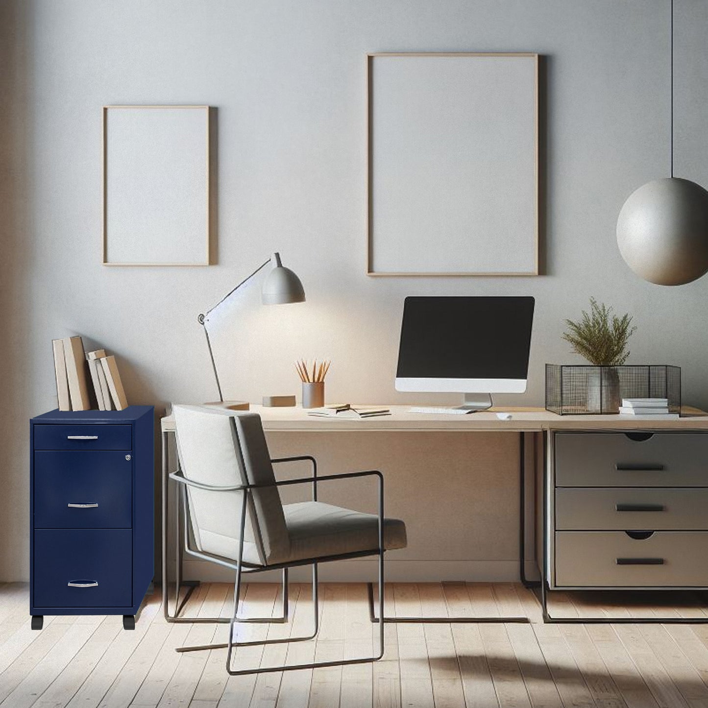 Archivero metálico azul de 3 cajones ambientado la lado de un escritorio de oficina