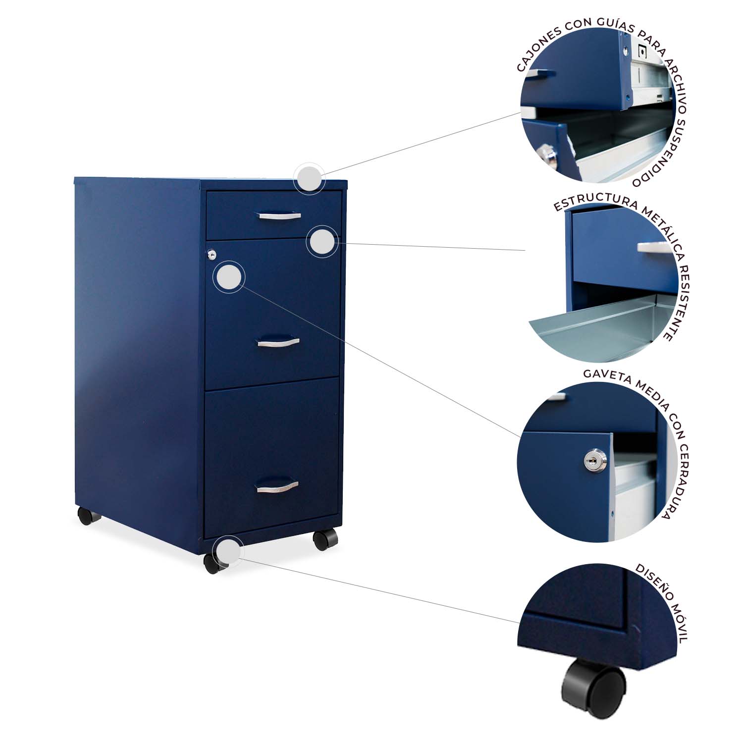Infografía archivero metálico azul de 3 cajones con ruedas
