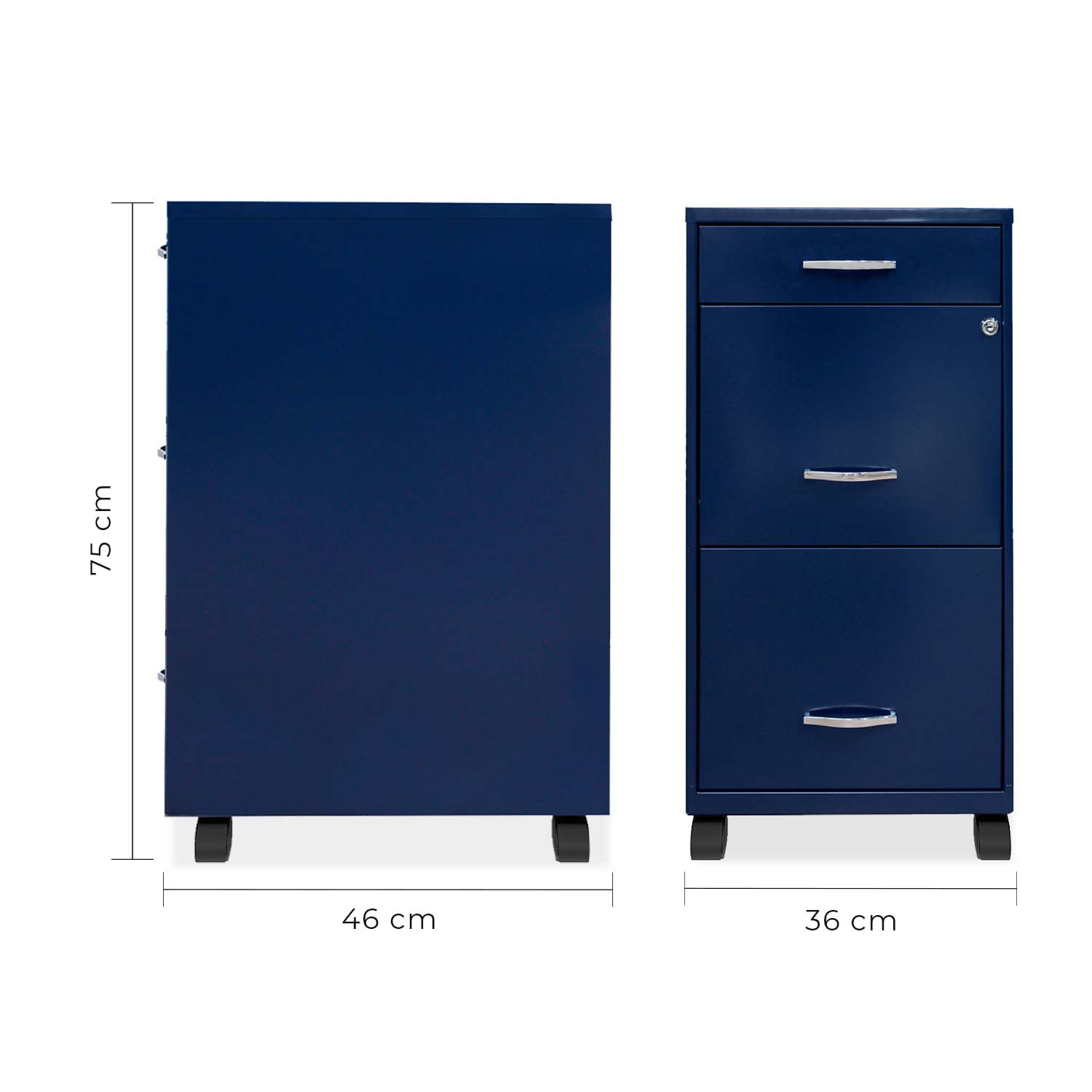 Isométrico archivero metálico azul de 3 cajones con ruedas