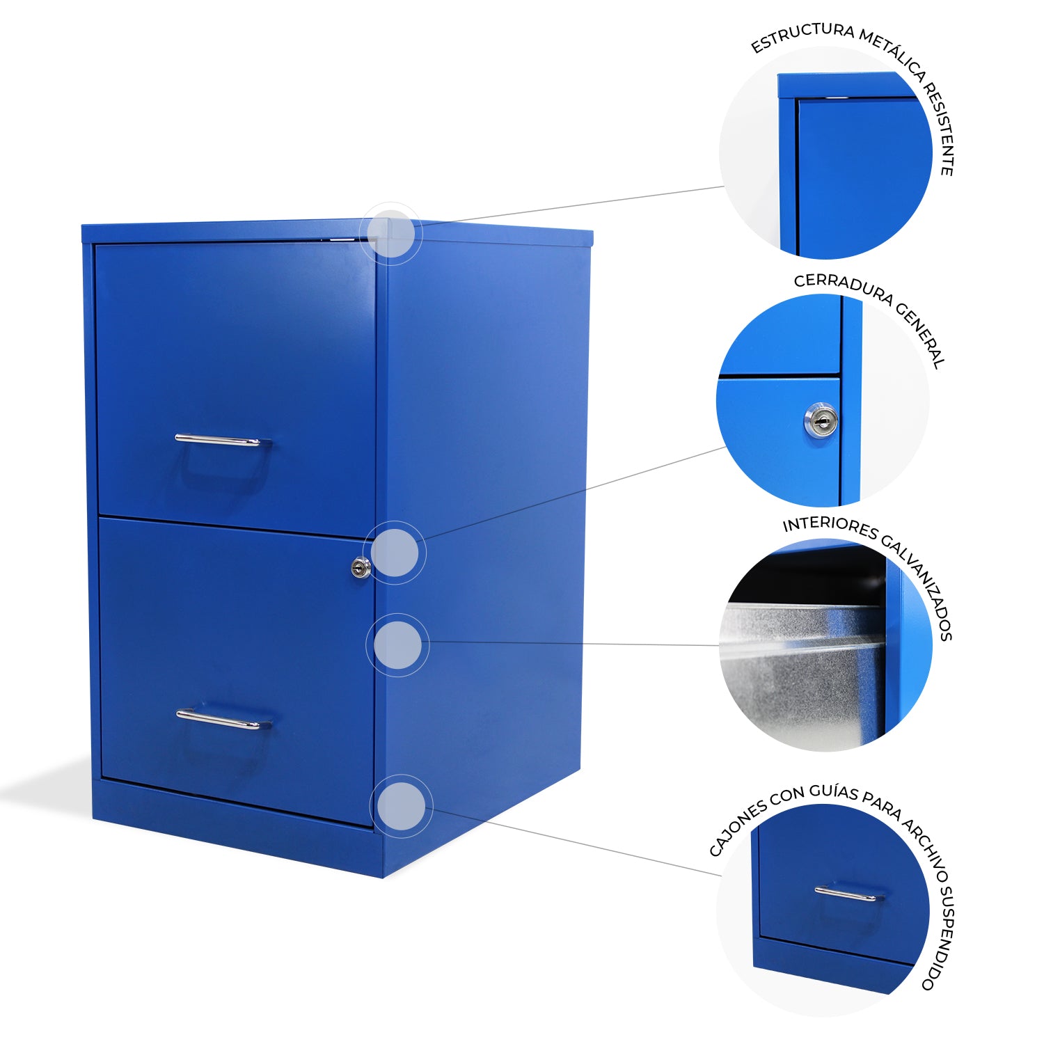 Infografía archivero metálico azul de dos cajones