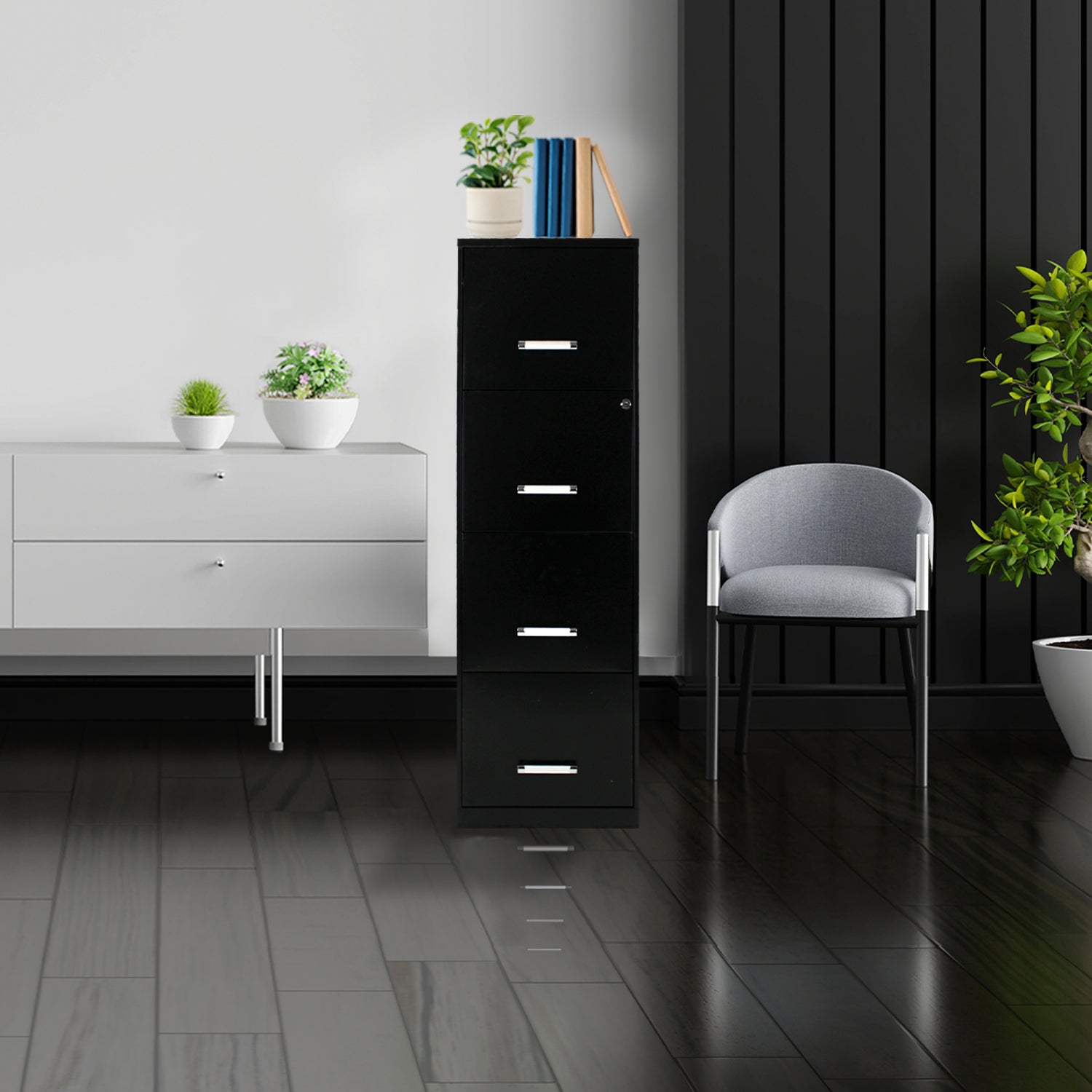 Archivero metálico negro de 4 cajones ambientado entre una credenza y una silla