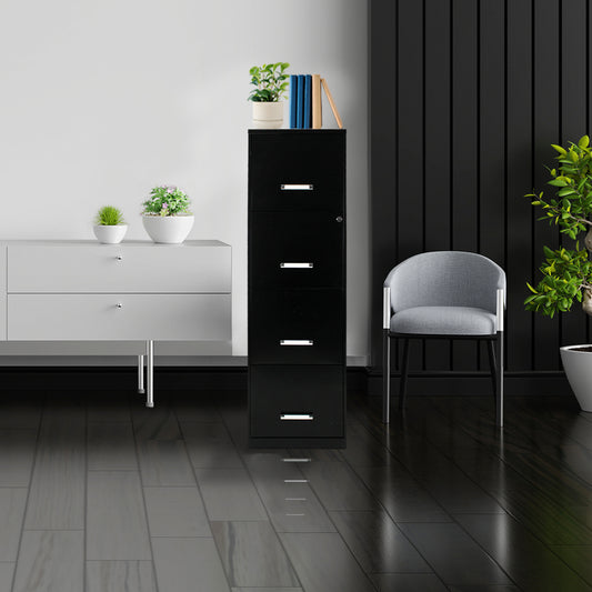 Archivero metálico negro de 4 cajones ambientado entre una credenza y una silla