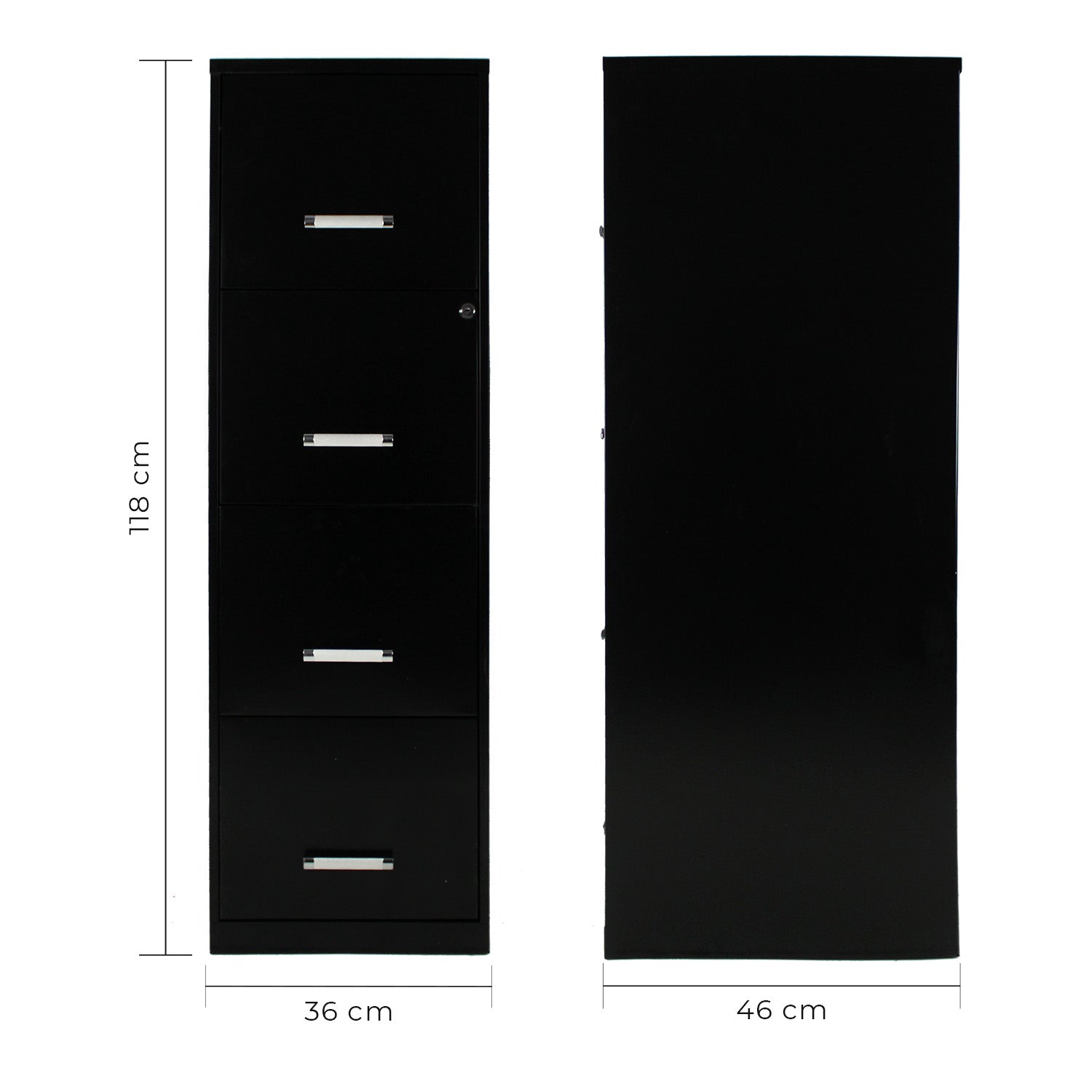 Isométrico archivero metálico negro de 4 cajones