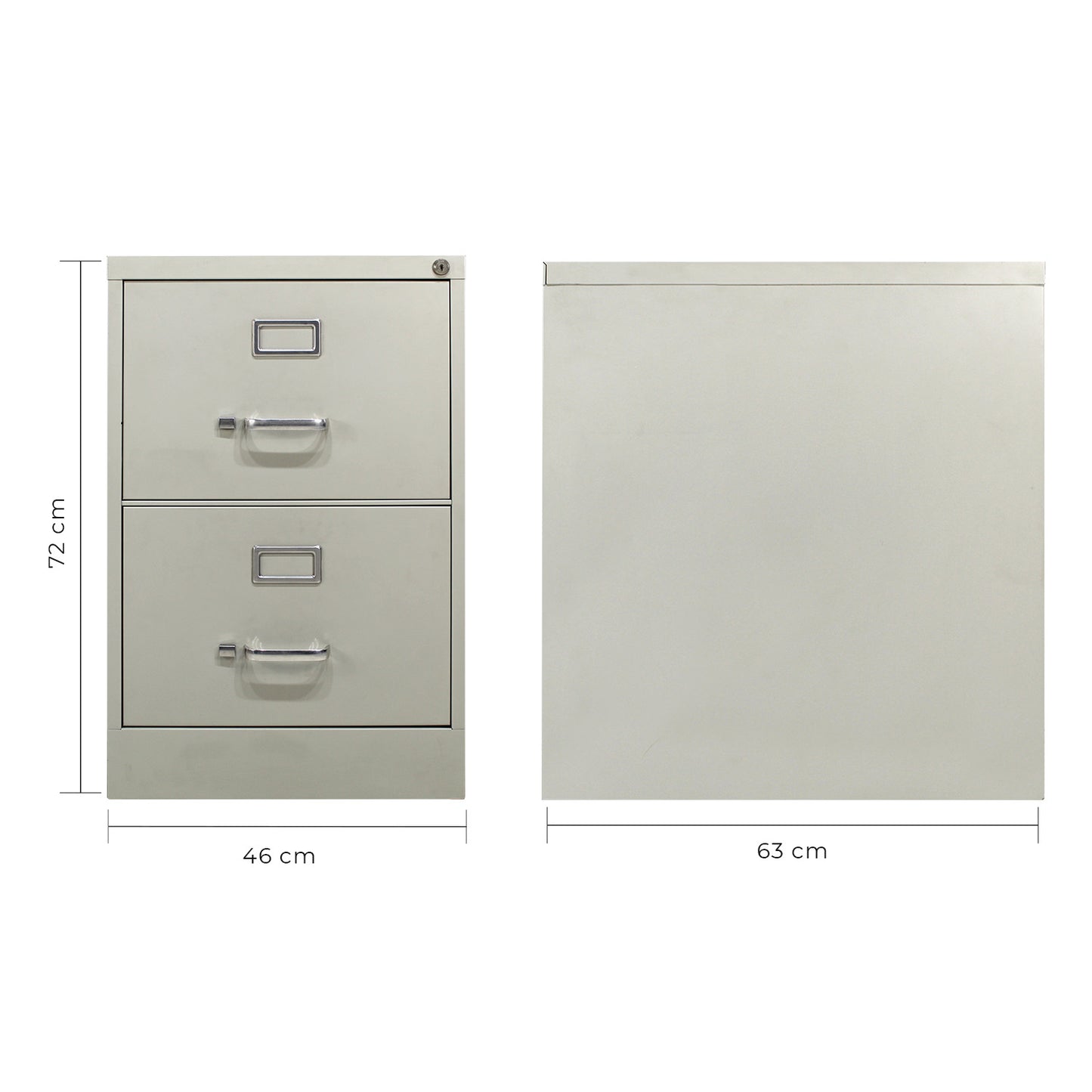 Isométrico archivero metálico gris de dos cajones ambientado al lado de una credenza