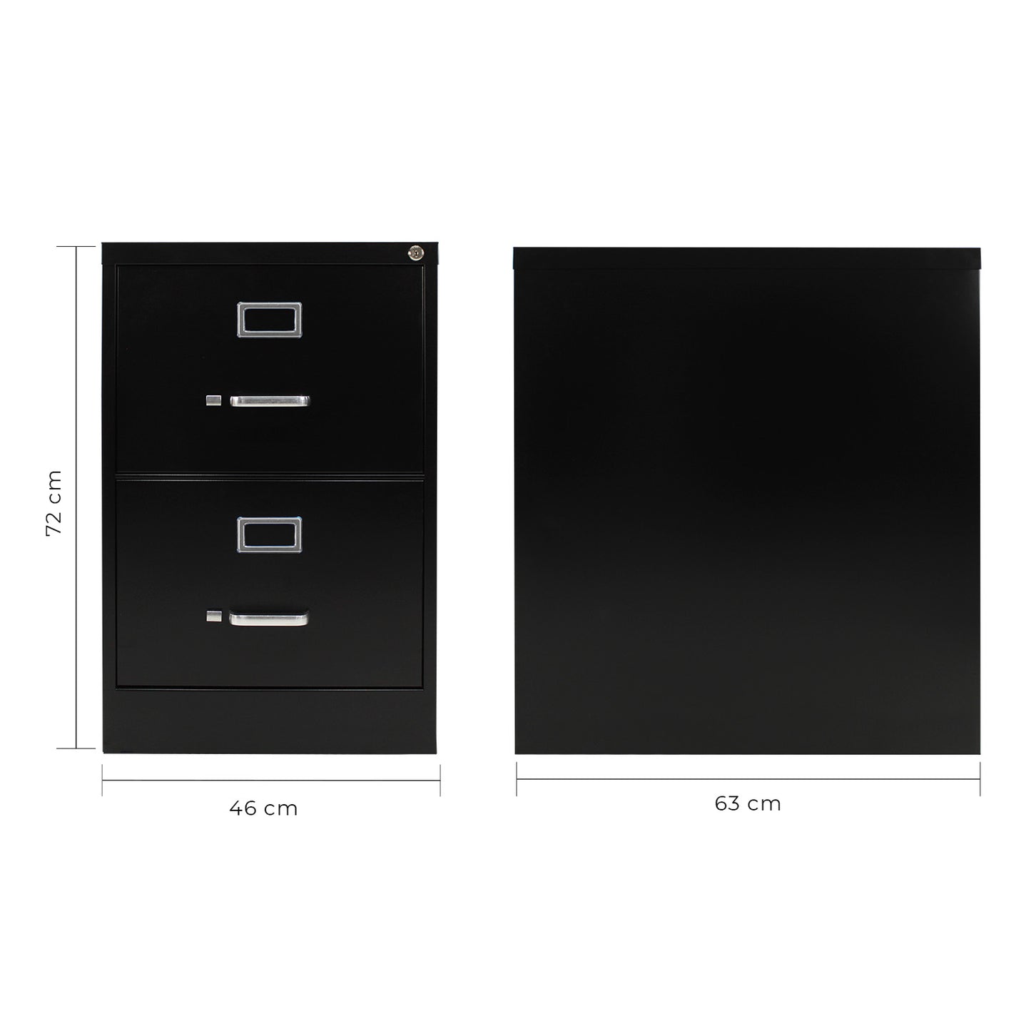 Isométrico archivero metálico negro de dos cajones ambientado al lado de una credenza