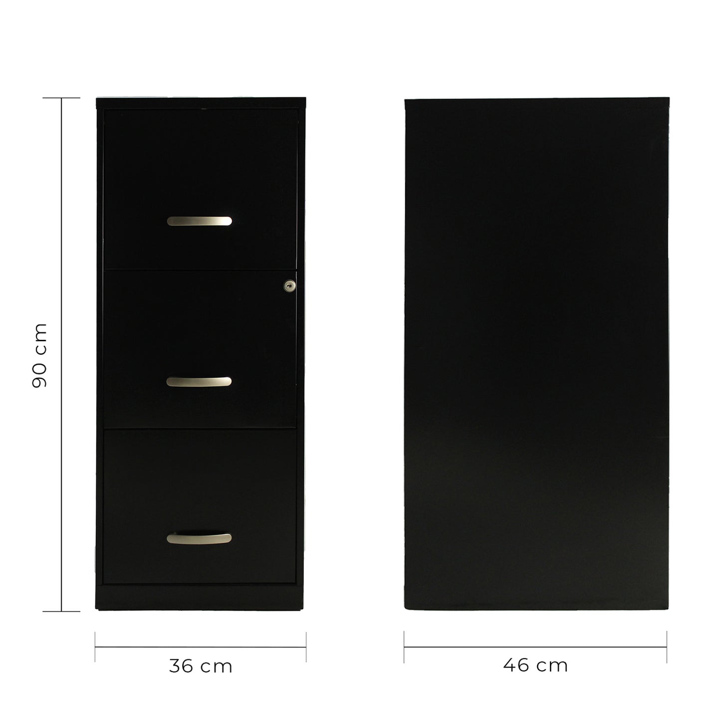 Isométrico archivero metálico negro de 3 cajones