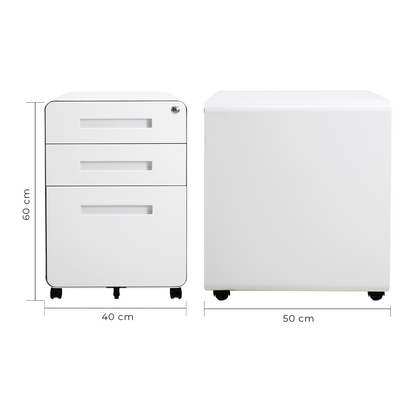 Isométrico archivero metálico blanco de tres cajones