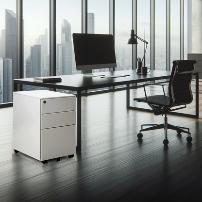 Archivero metálico blanco con cerradura, en ambiente de oficina ejecutiva con piso de madera y silla ergonómica