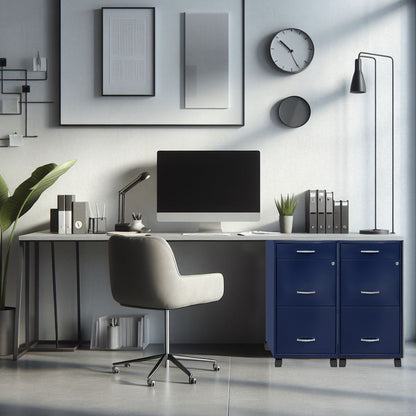 Archivero metálico azul de 3 cajones ambientado debajo de un escritorio de oficina