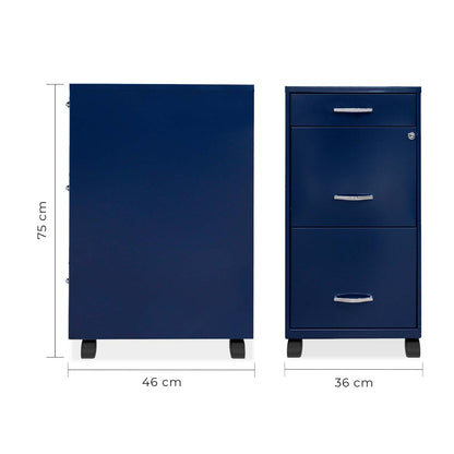 Isométrico archivero metálico azul de 3 cajones con ruedas