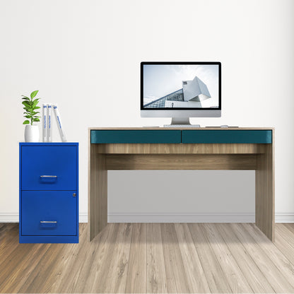 Archivero metálico azul de dos cajones ambientado al lado de un escritorio de oficina
