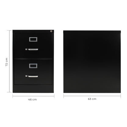 Isométrico archivero metálico negro de dos cajones ambientado al lado de una credenza